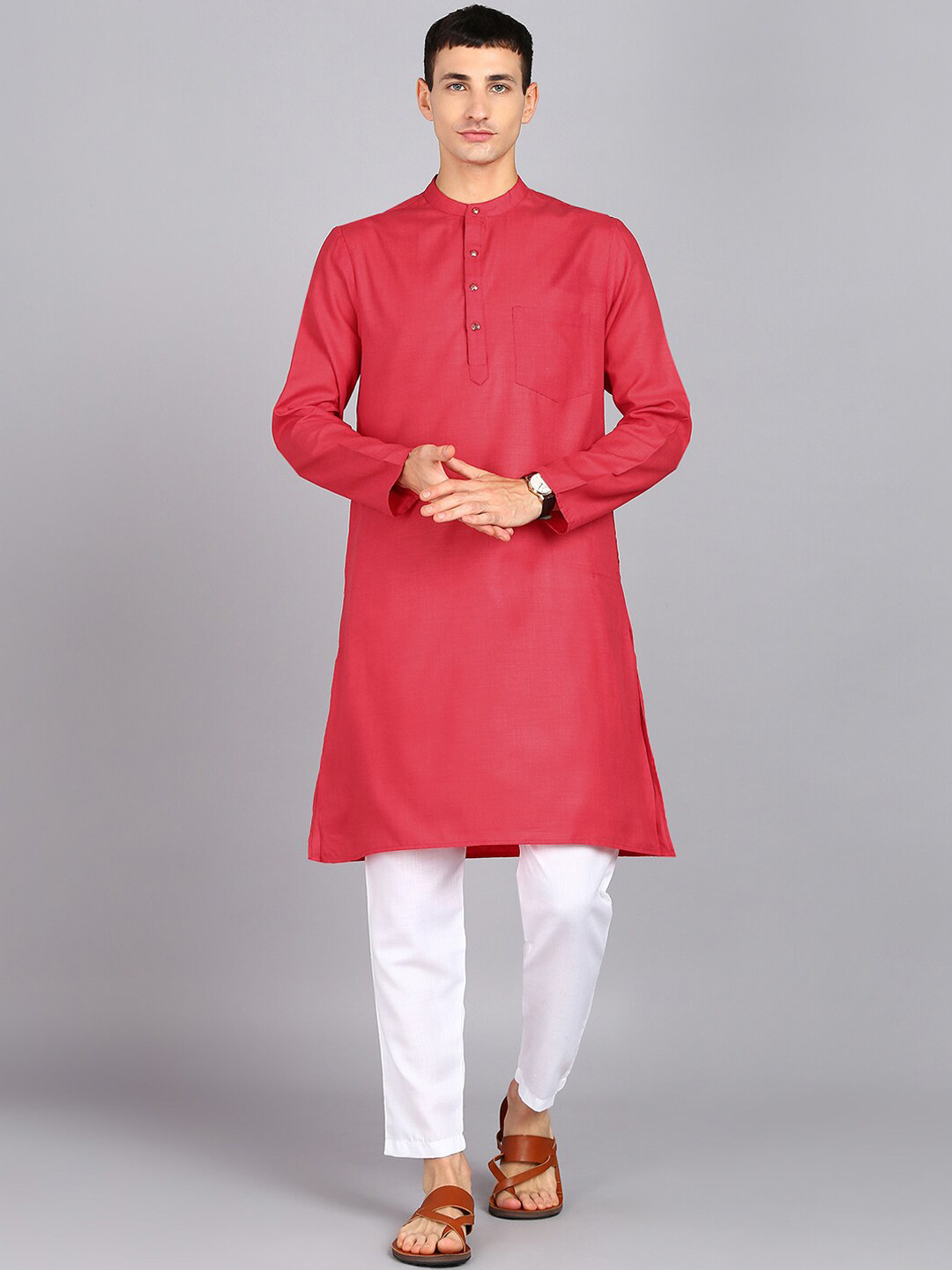 

HERE&NOW Red Mandarin Collar Straight Kurta With Trousers