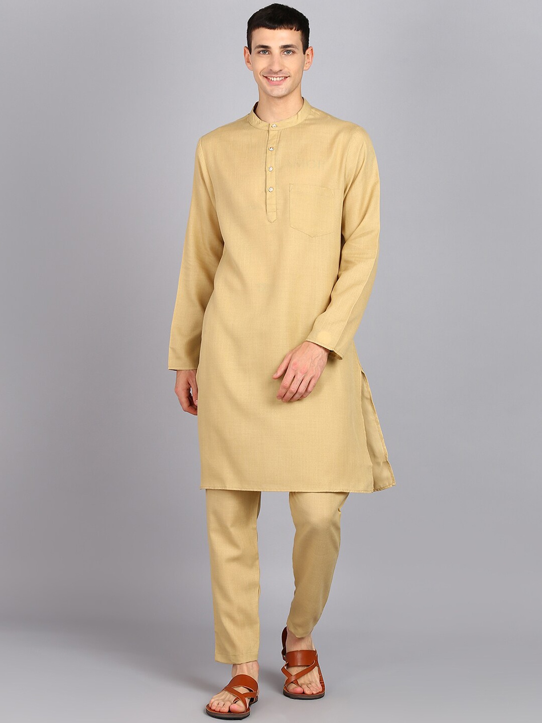 

HERE&NOW Beige Mandarin Collar Straight Kurta With Trousers
