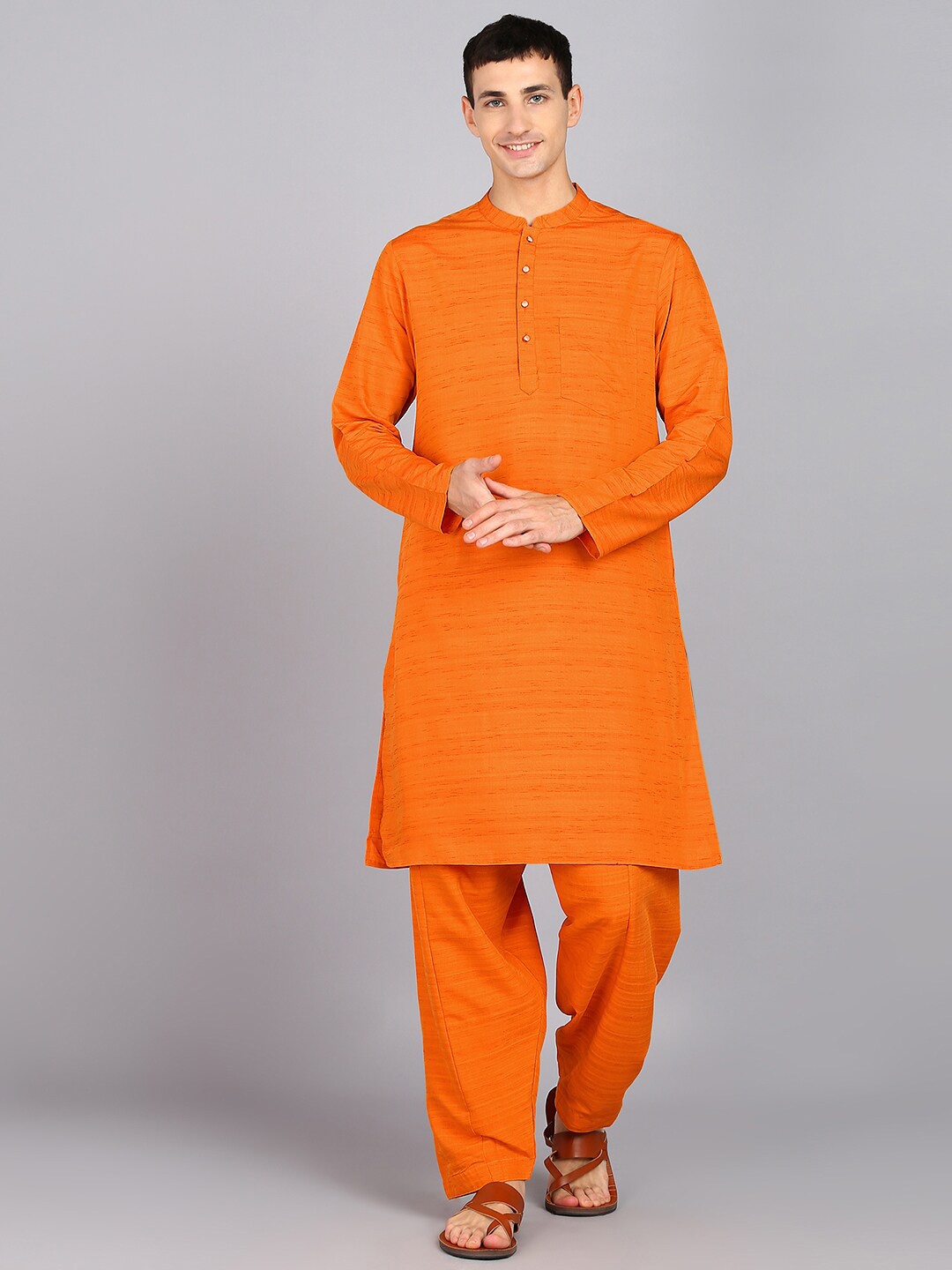

HERE&NOW Mandarin Collar Pure Silk Straight Kurta With Trousers, Orange
