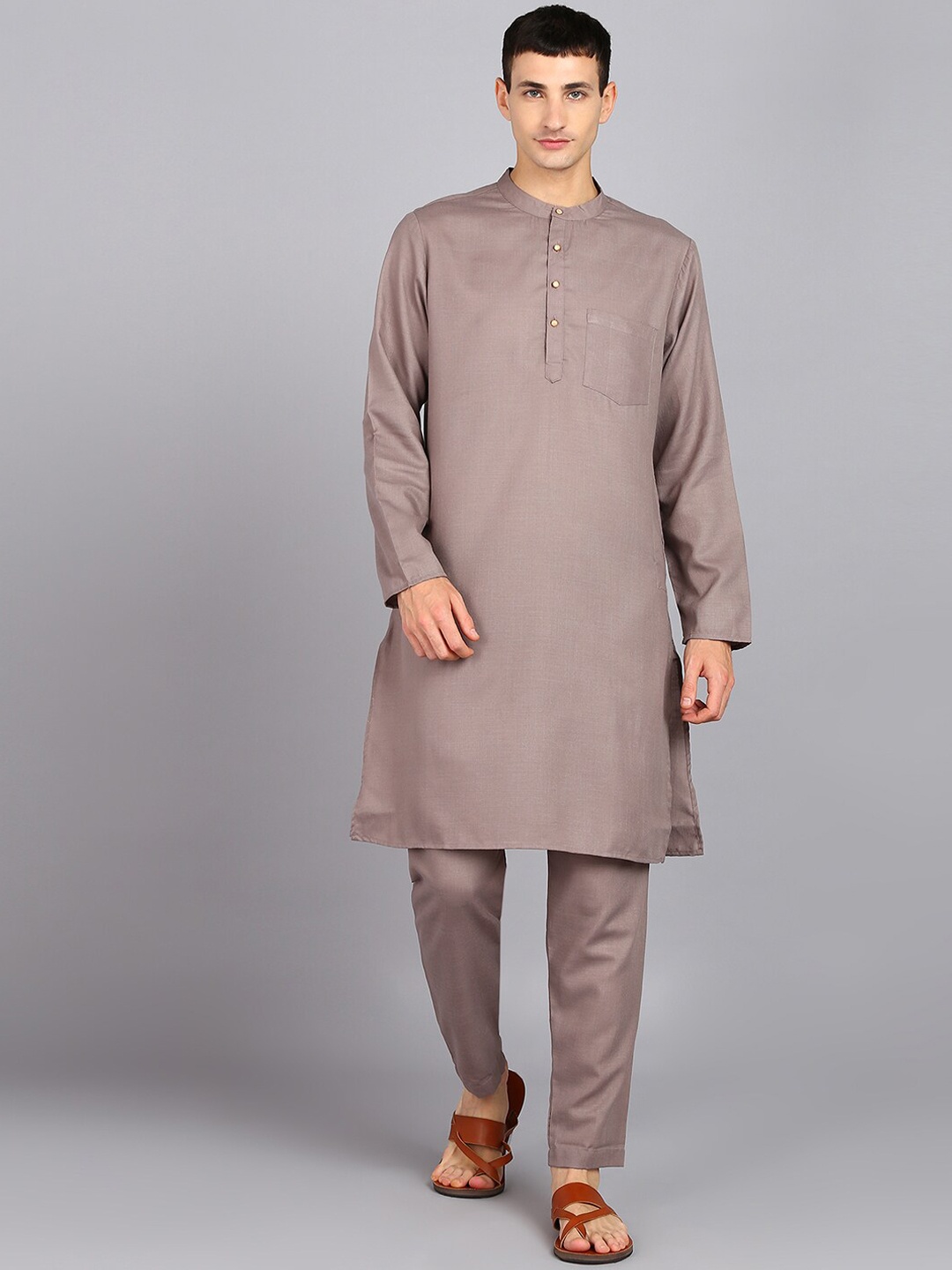 

HERE&NOW Grey Mandarin Collar Straight Kurta With Trousers