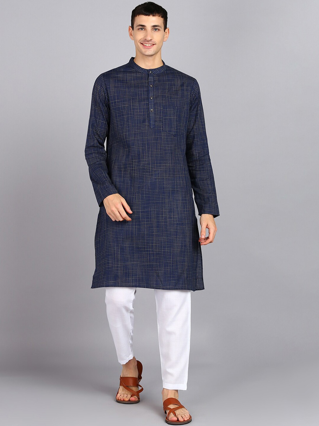 

HERE&NOW Blue Checked Mandarin Collar Straight Kurta With Trousers