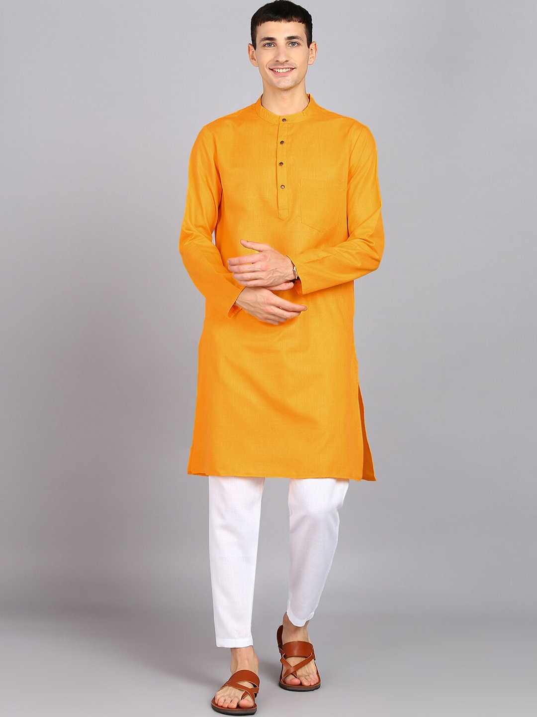 

HERE&NOW Mustard Yellow Mandarin Collar Straight Kurta With Trousers