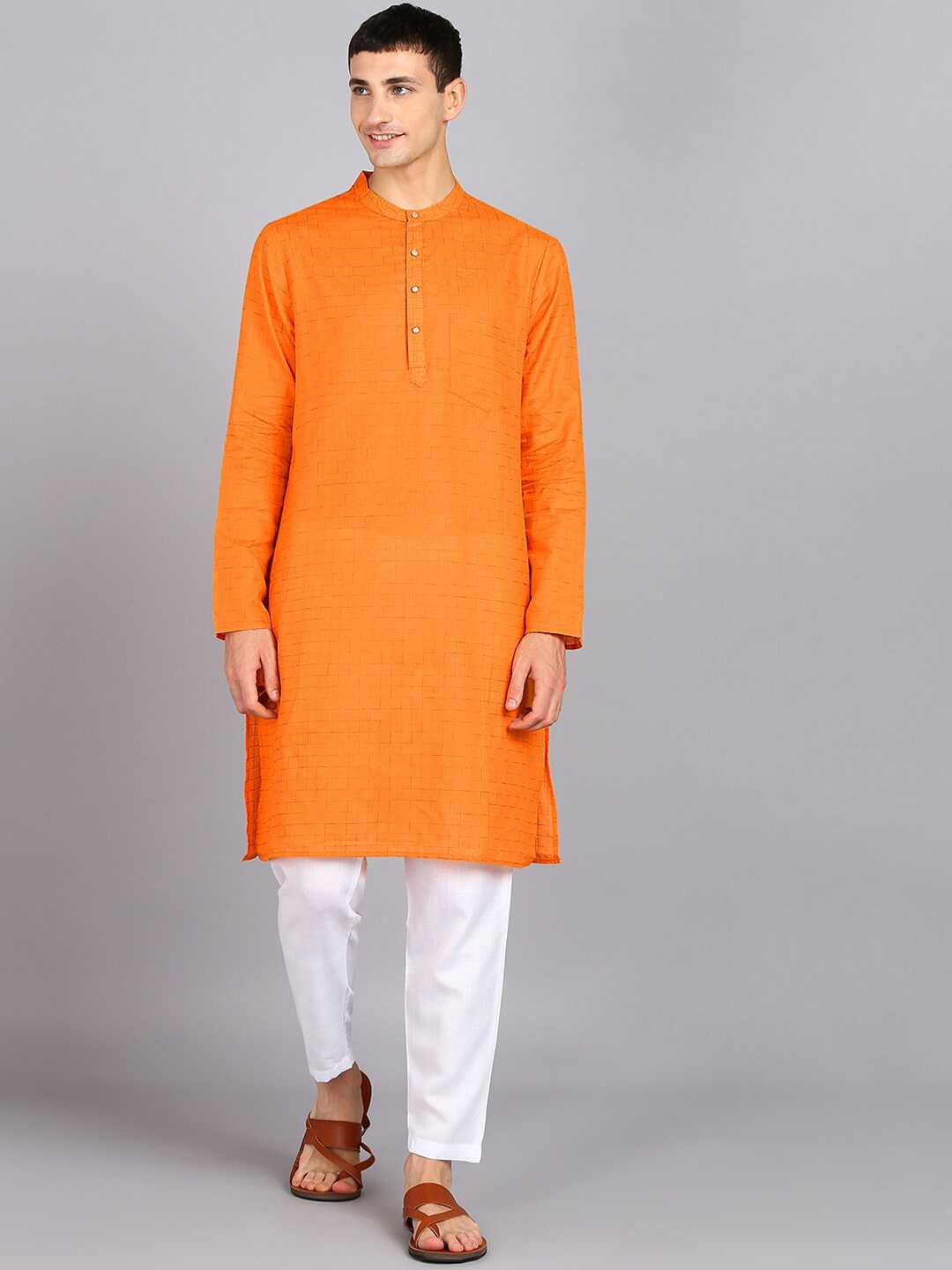 

HERE&NOW Mustard Yellow Checked Mandarin Collar Straight Kurta With Trousers