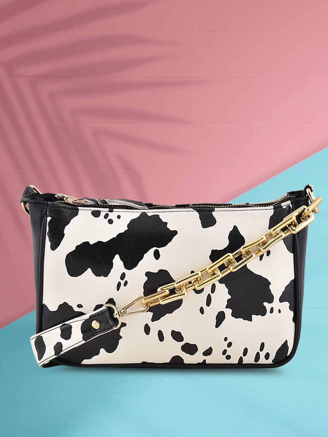 

DressBerry Off-White & Black Cow Printed Structured Handheld Bag
