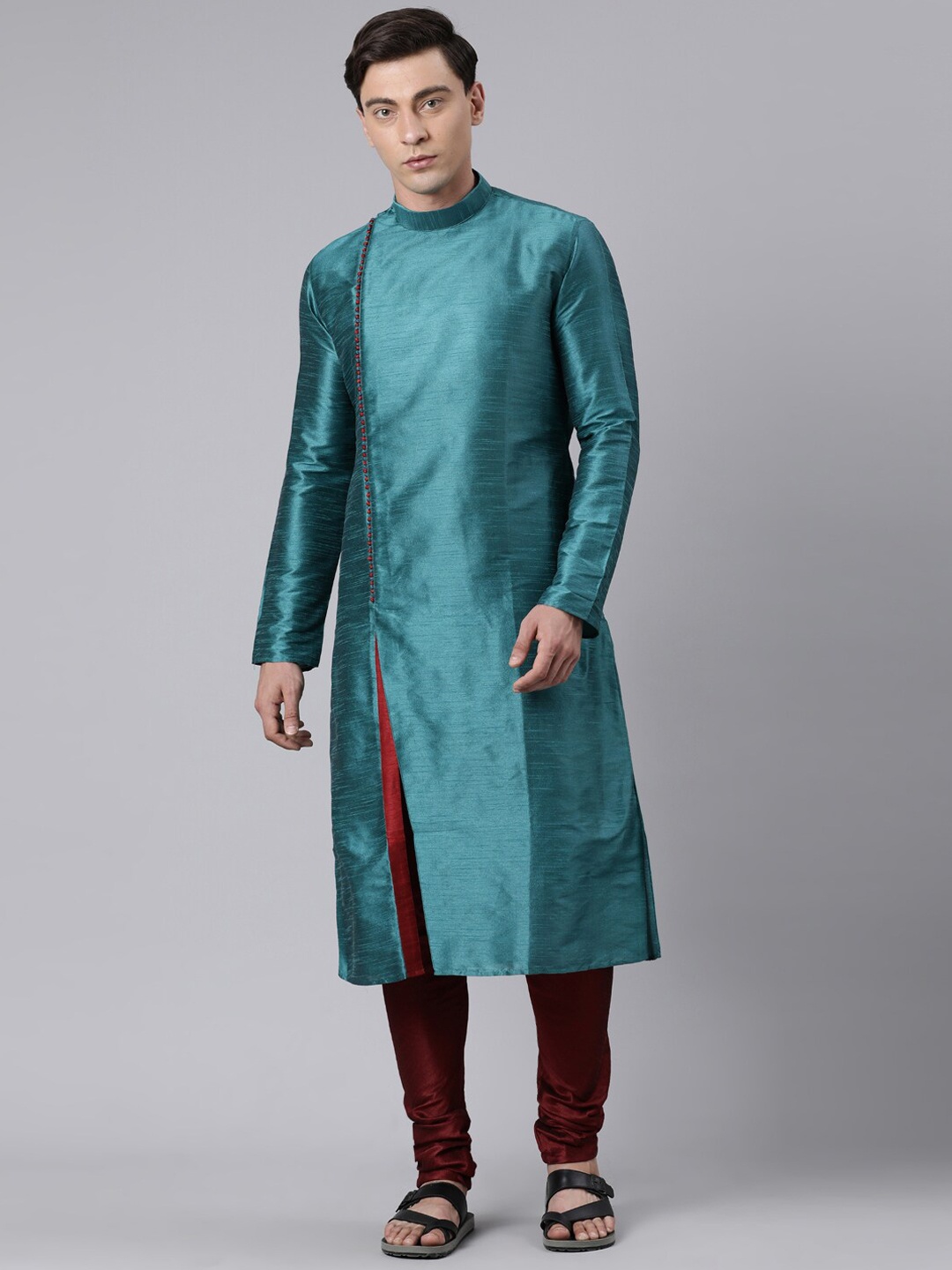 

Rishika Band Collar Straight Kurta With Pyjamas, Green
