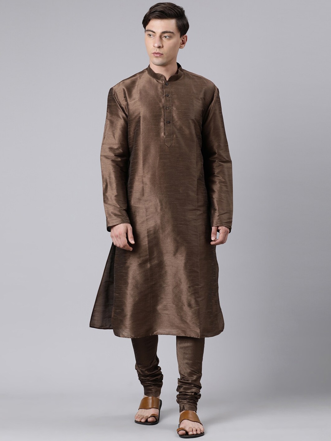 

Rishika Mandarin Collar Straight Kurta With Pyjamas, Brown