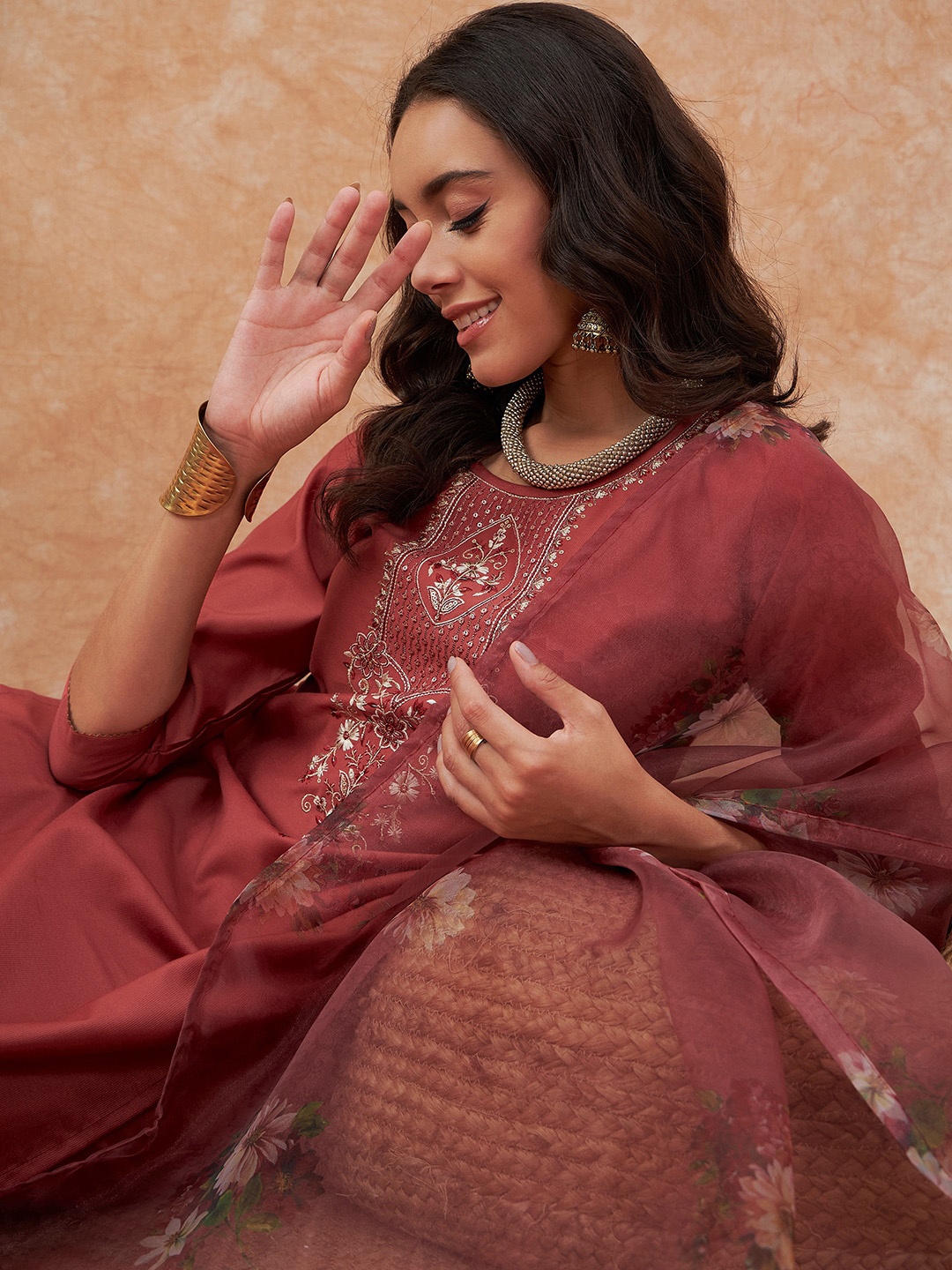 

Sangria Embroidery Silk Straight Kurta With Trouser & Dupatta, Rust