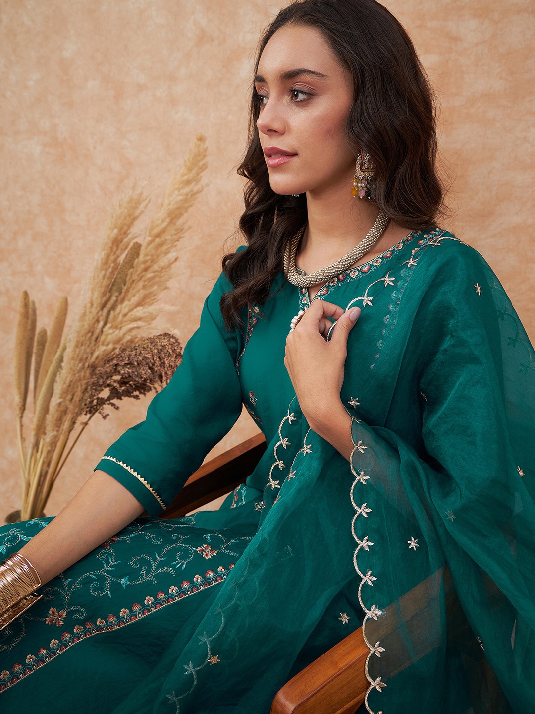 

Sangria Teal Floral Embroidered Straight Kurta With Trousers & Dupatta