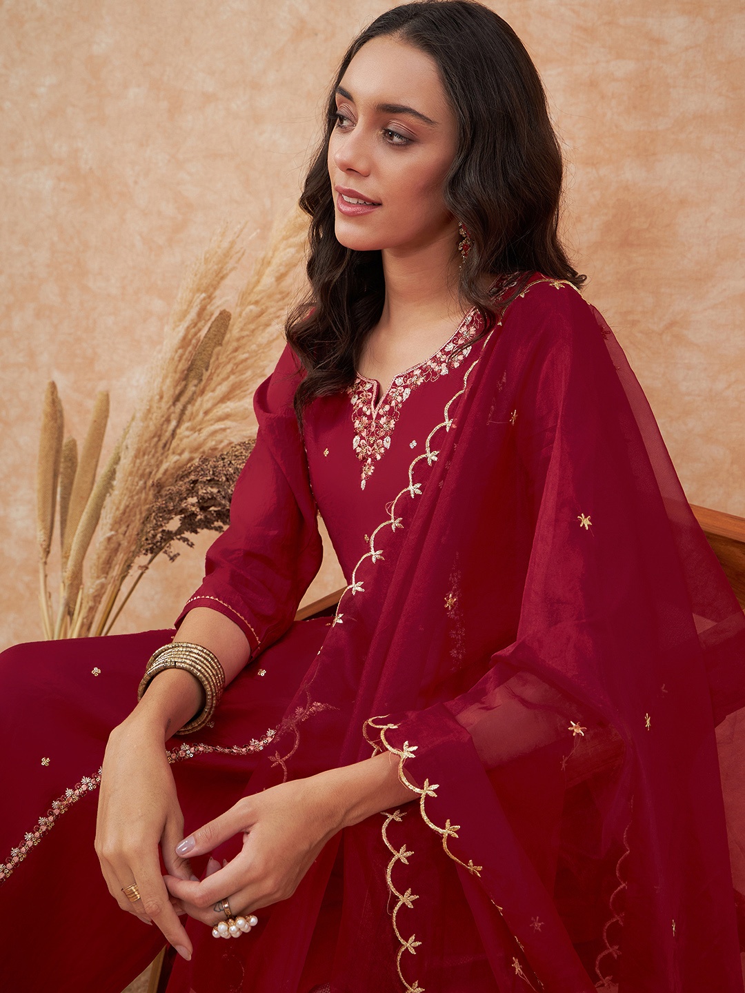 

Sangria Maroon Floral Embroidered Straight Kurta With Trousers & Dupatta