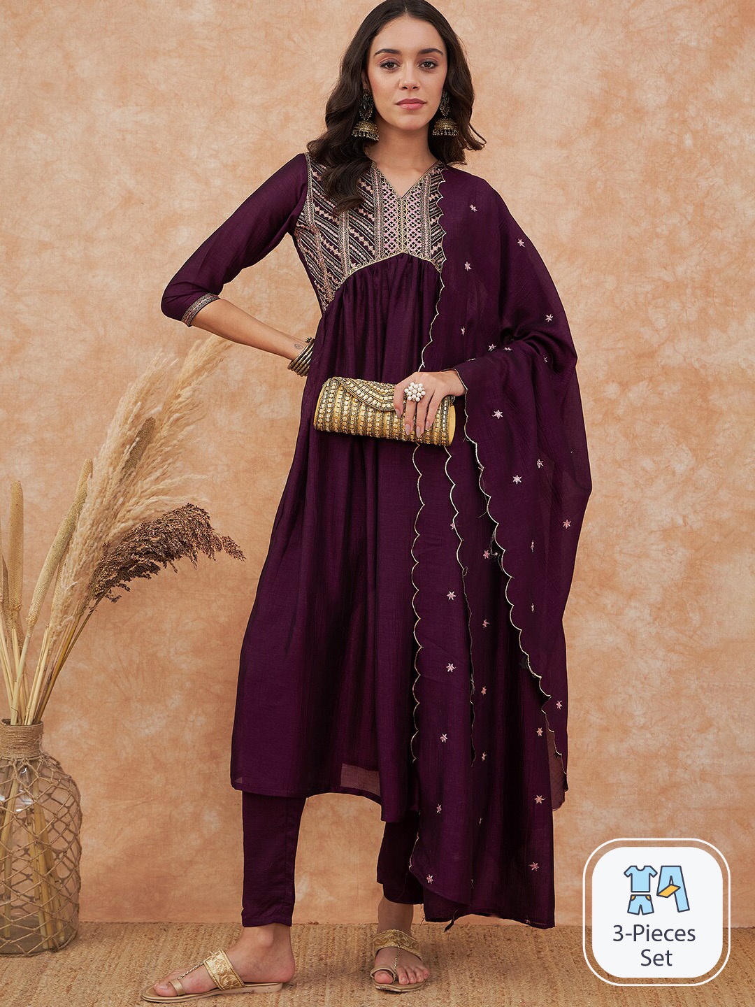 

Sangria Ethnic Motifs Embroidered Thread Work Kurta With Trousers & Dupatta, Purple