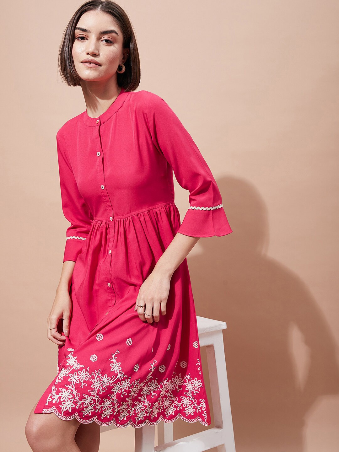 

DressBerry Band Collar Floral Embroidered Gathered & Pleated Fit and Flare, Pink