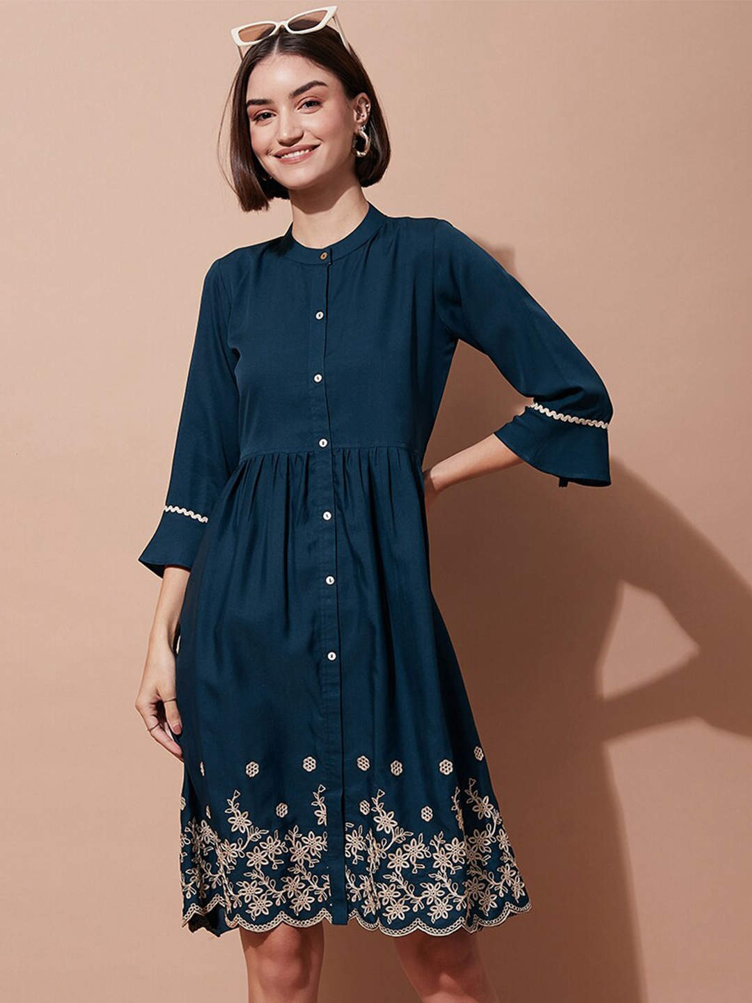 

DressBerry Band Collar Floral Embroidered Gathered & Pleated Fit and Flare, Teal