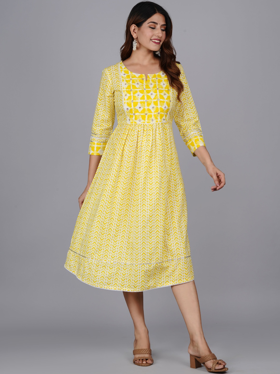 

JAIPURI COLLECTION Geometric Printed Round Neck Cotton Fit & Flare Midi Ethnic Dress, Yellow
