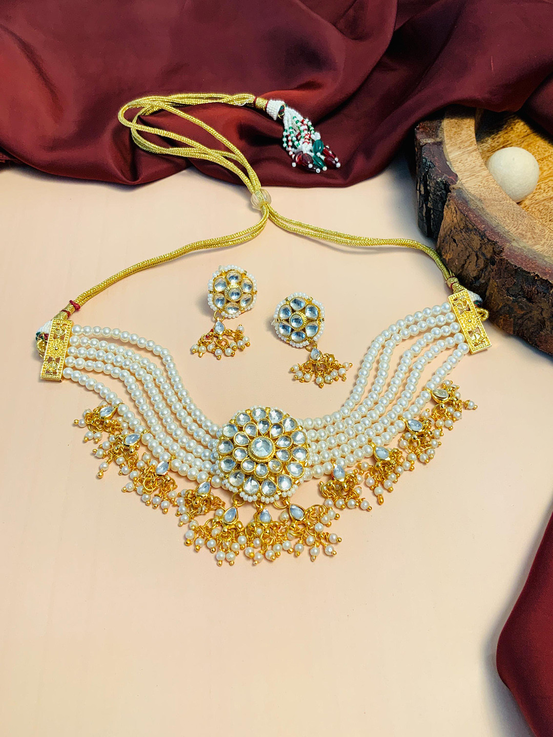 

ABDESIGNS Gold Plated Kundan-Studded & Beaded Jewellery Set