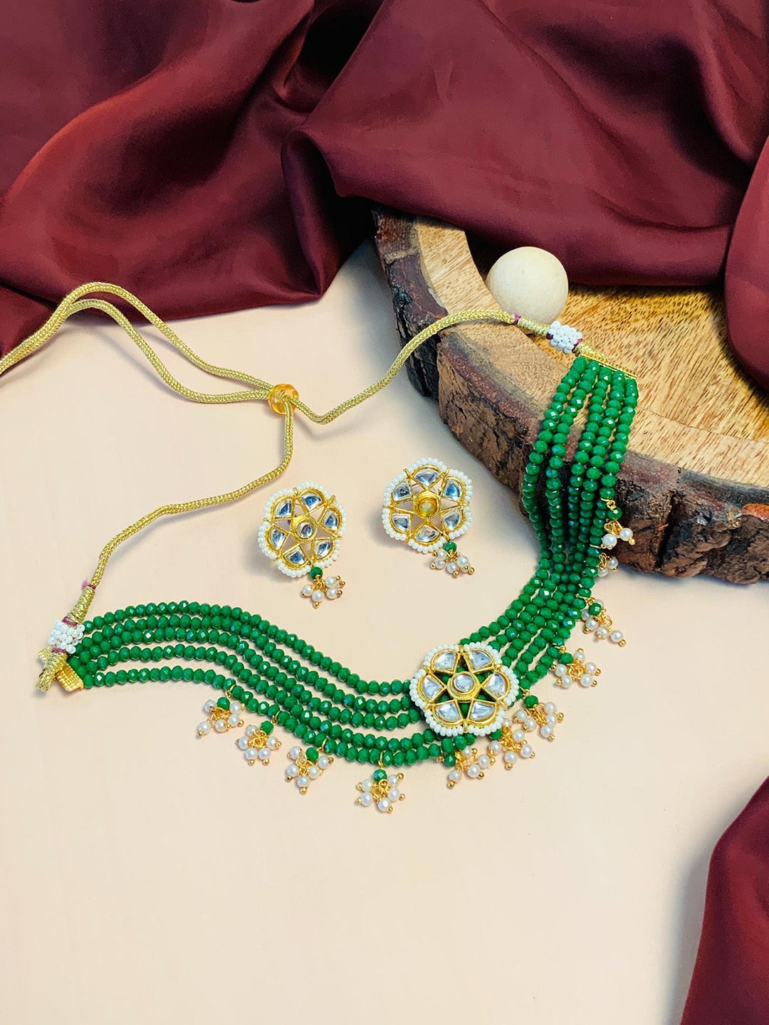 

ABDESIGNS Gold Plated Kundan-Studded & Pearl Beaded Jewellery Set