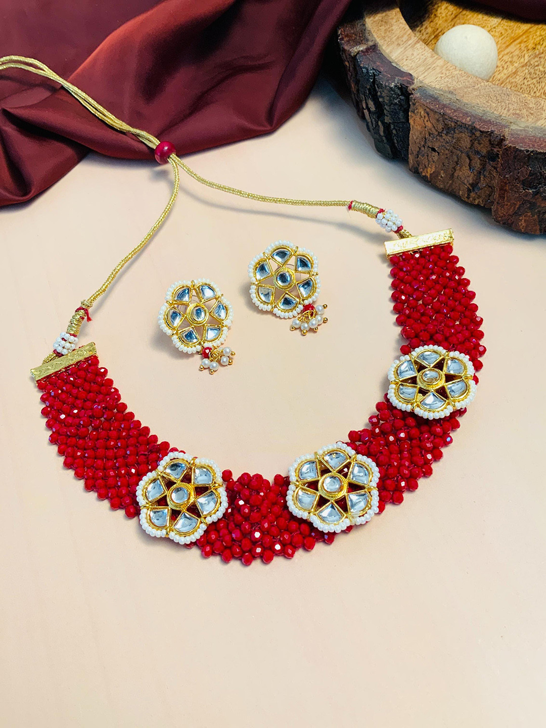 

ABDESIGNS Gold Plated Kundan Studded & Pearl Beaded Jewellery Set