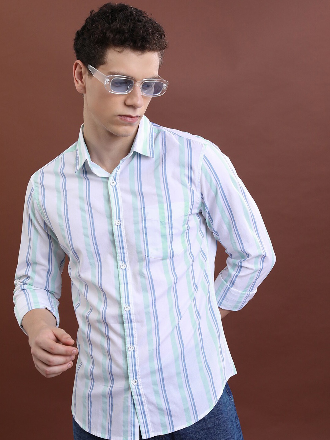 

KETCH White Slim Fit Opaque Striped Cotton Casual Shirt