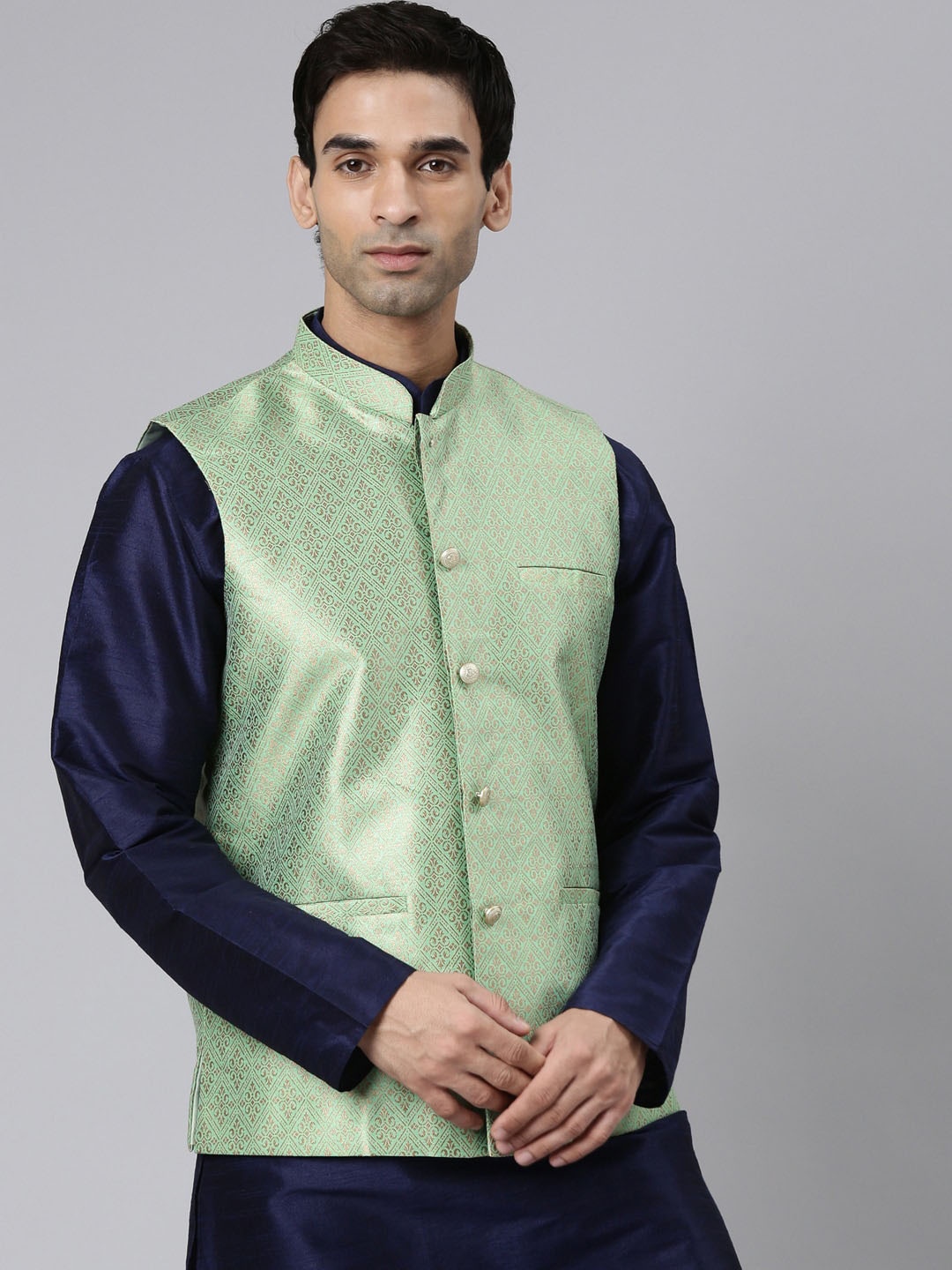 

Rishika Ethnic Motifs Woven Design Mandarin Collar Jaquard Nehru Jackets, Green