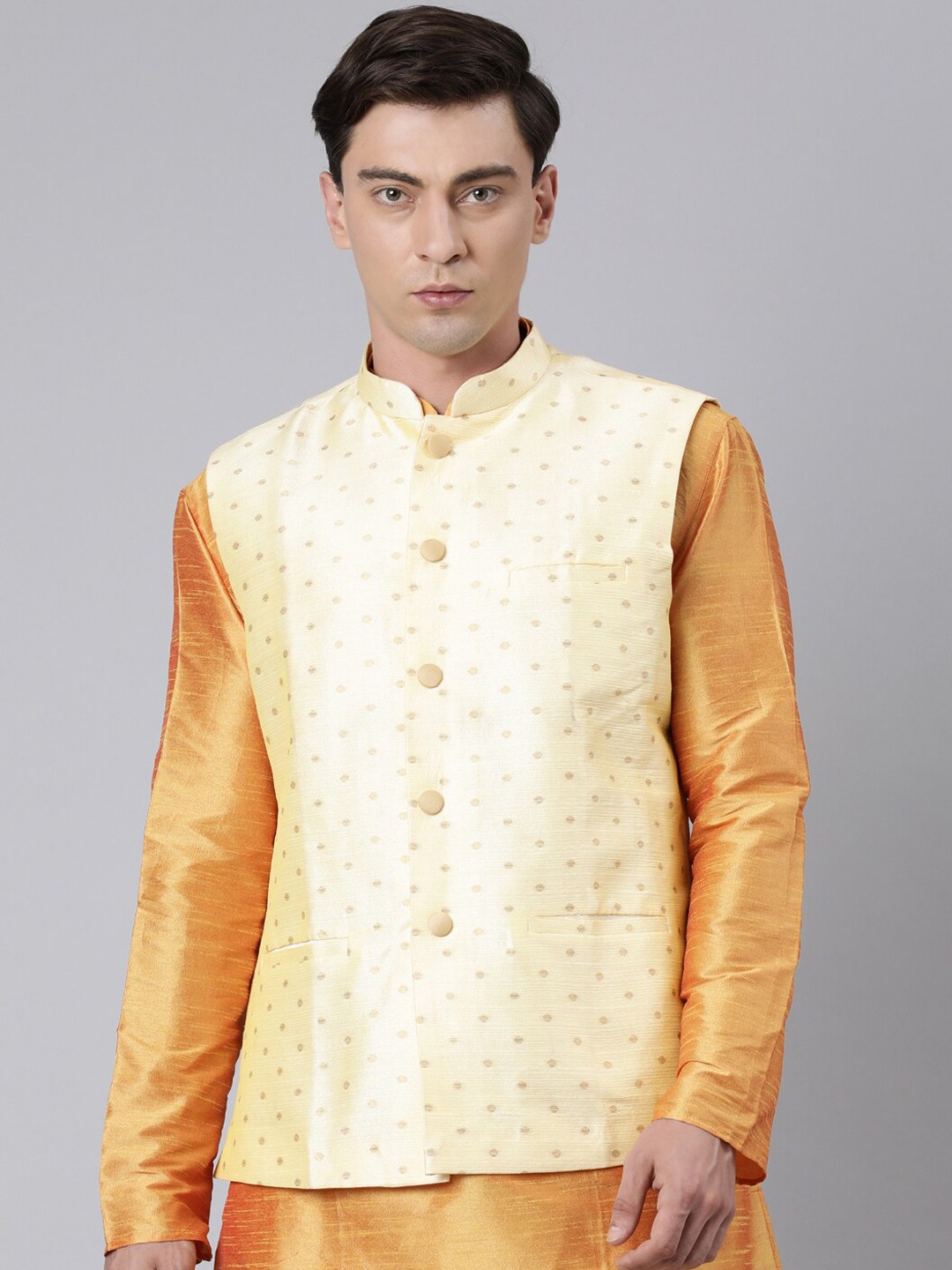 

Rishika Ethnic Motifs Woven Design Mandarin Collar Jaquard Nehru Jackets, Beige