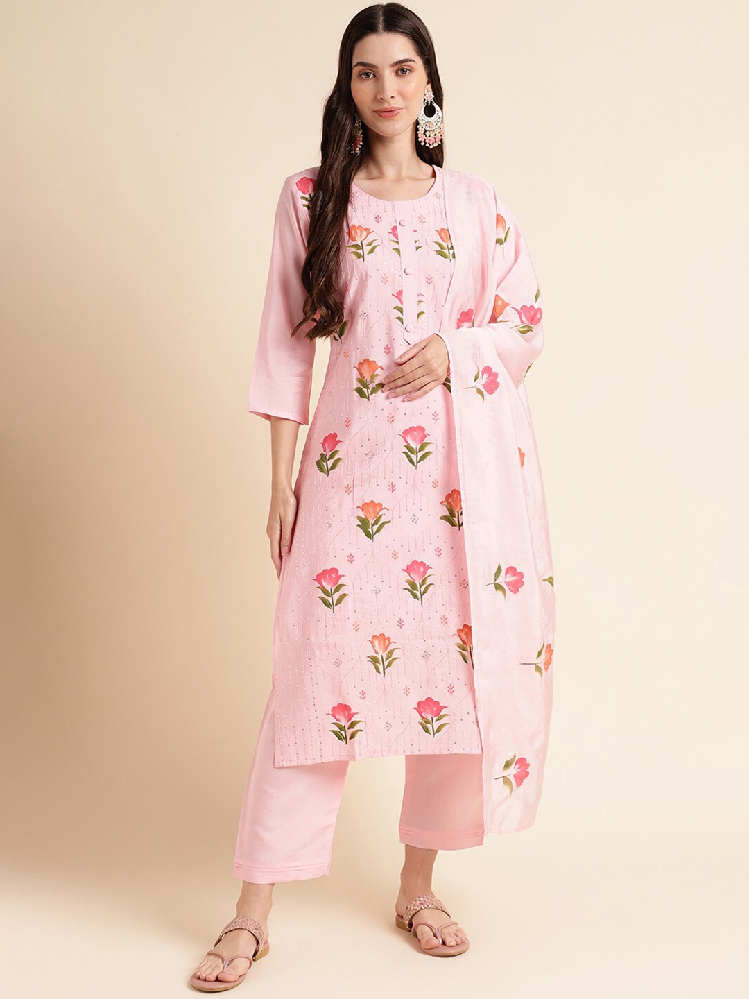 

MESMORA FASHION Floral Printed Sequinned Pure Cotton Kurta With Trousers & Dupatta, Pink