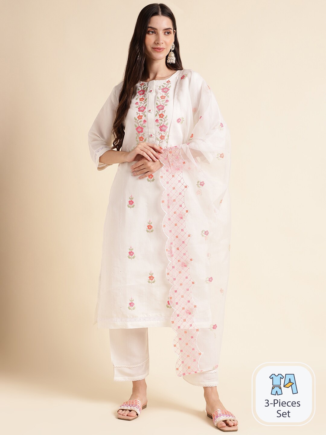 

MESMORA FASHION Floral Embroidered Pure Cotton Kurta With Trousers & Dupatta, White