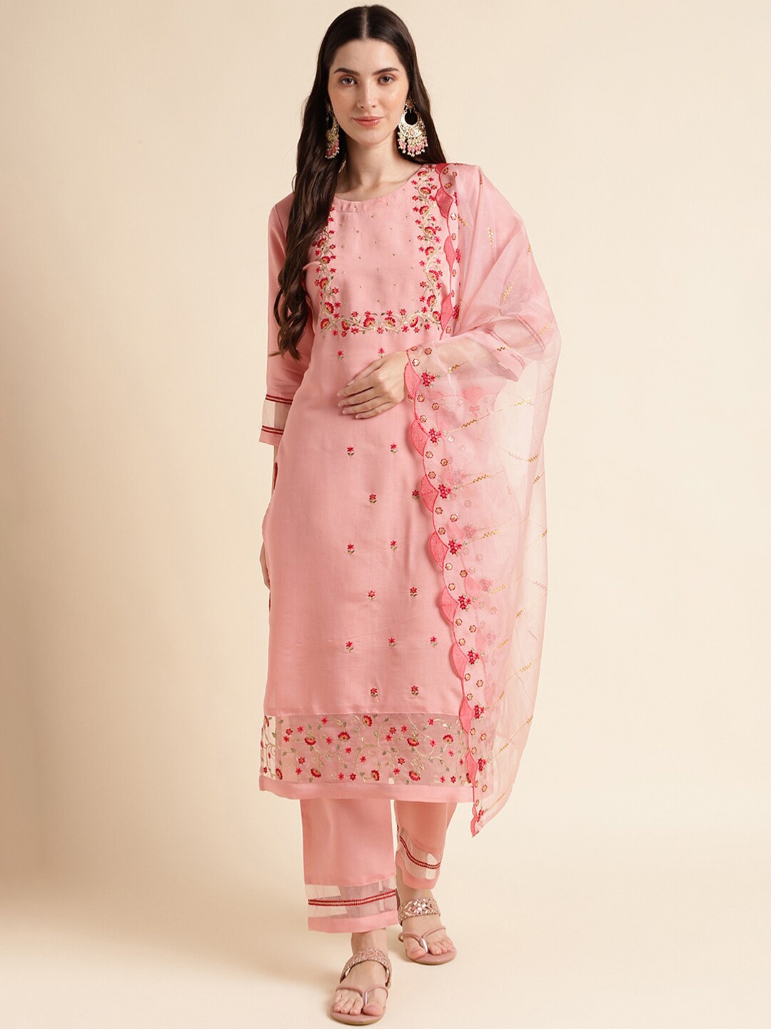 

MESMORA FASHION Floral Embroidered Pure Cotton Straight Kurta With Trousers & Dupatta, Peach