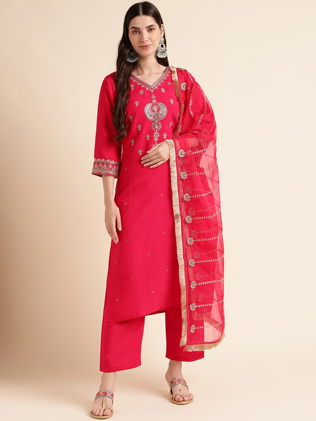 

MESMORA FASHION Ethnic Motifs Embroidered Pure Cotton Kurta With Trousers & Dupatta, Pink