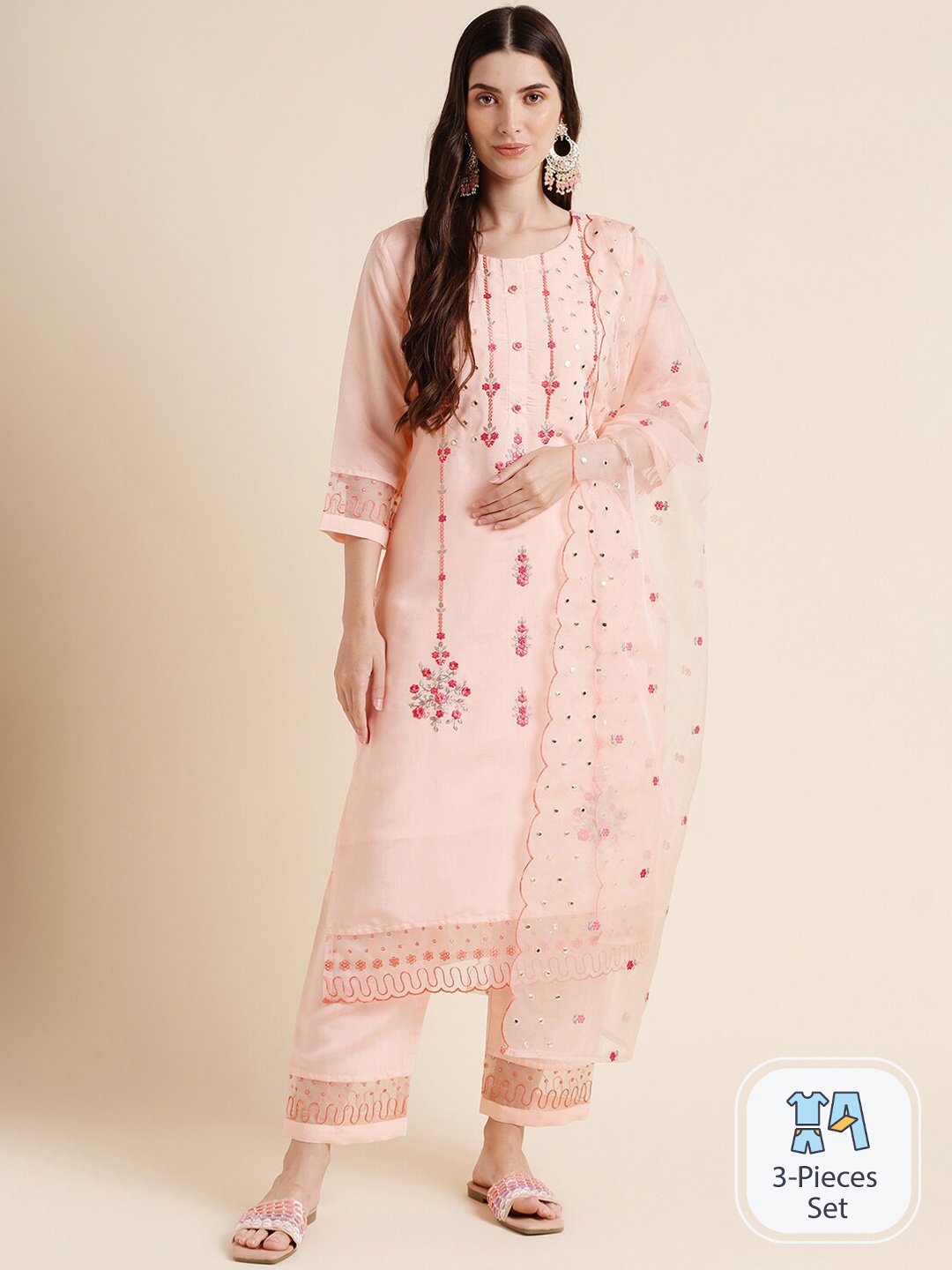 

MESMORA FASHION Ethnic Motifs Embroidered Pure Cotton Kurta With Trouser & Dupatta, Peach