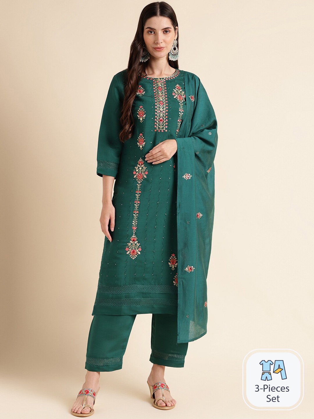 

MESMORA FASHION Ethnic Motifs Embroidered Pure Cotton Kurta With Trousers & Dupatta, Green