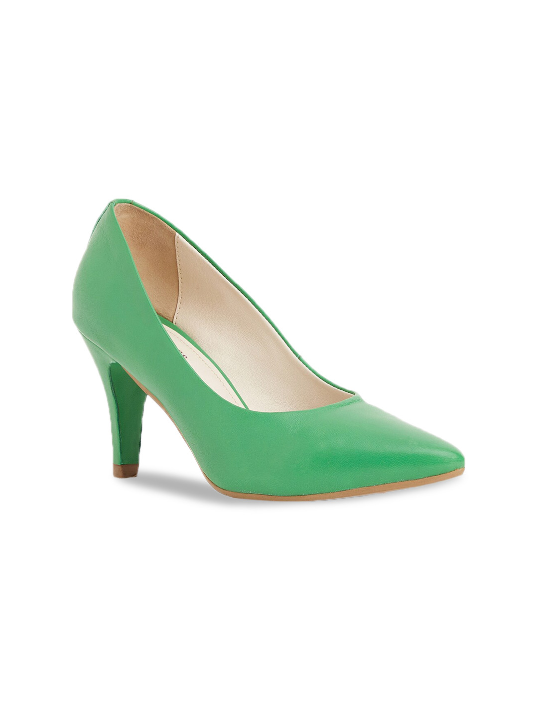 

Peach Flores Pointed Toe Leather Slim Heel Pumps, Green