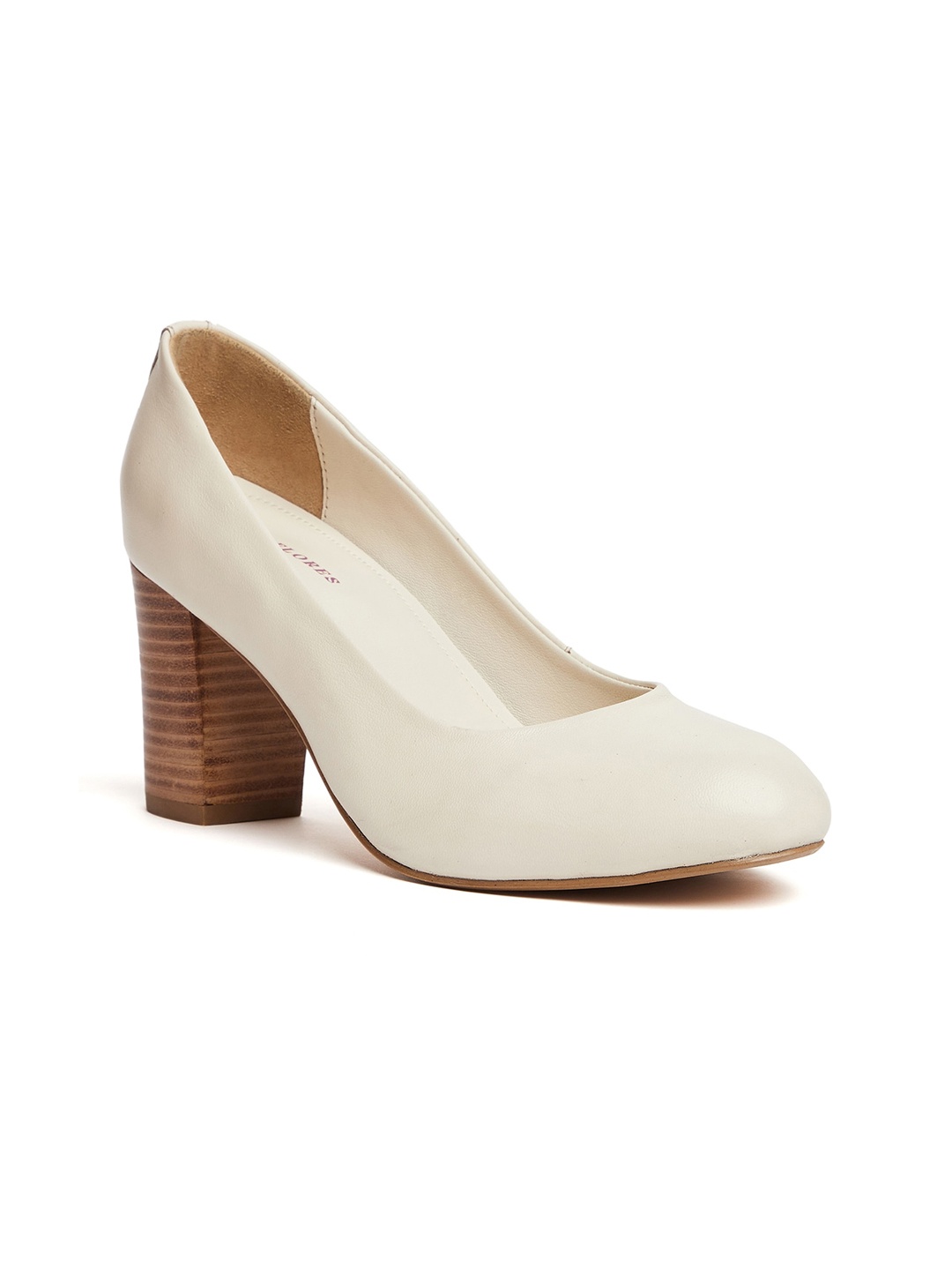 

Peach Flores Striped Leather Block Heels with Buckles, Off white