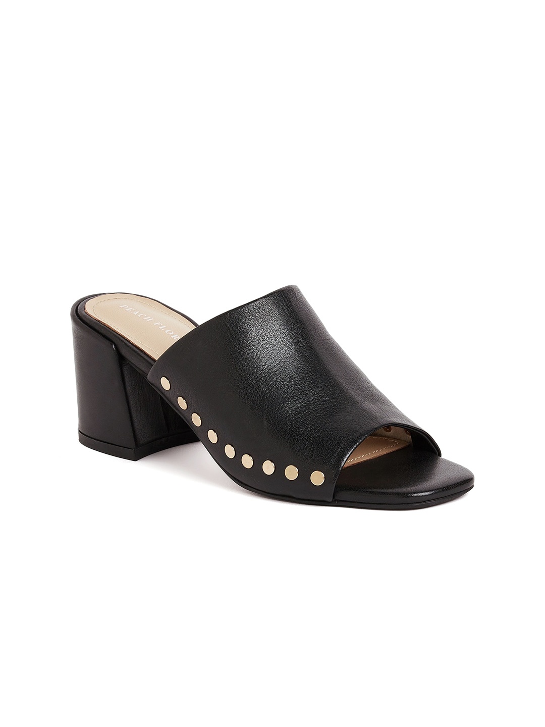 

Peach Flores Open Toe Leather Block Mules, Black