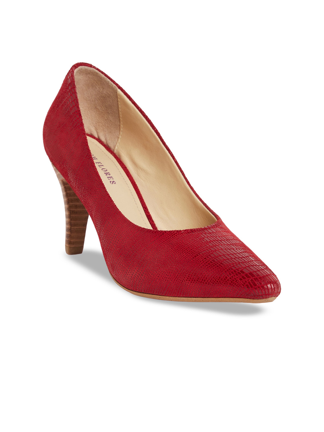 

Peach Flores Textured Leather Slim Heel Pumps, Red