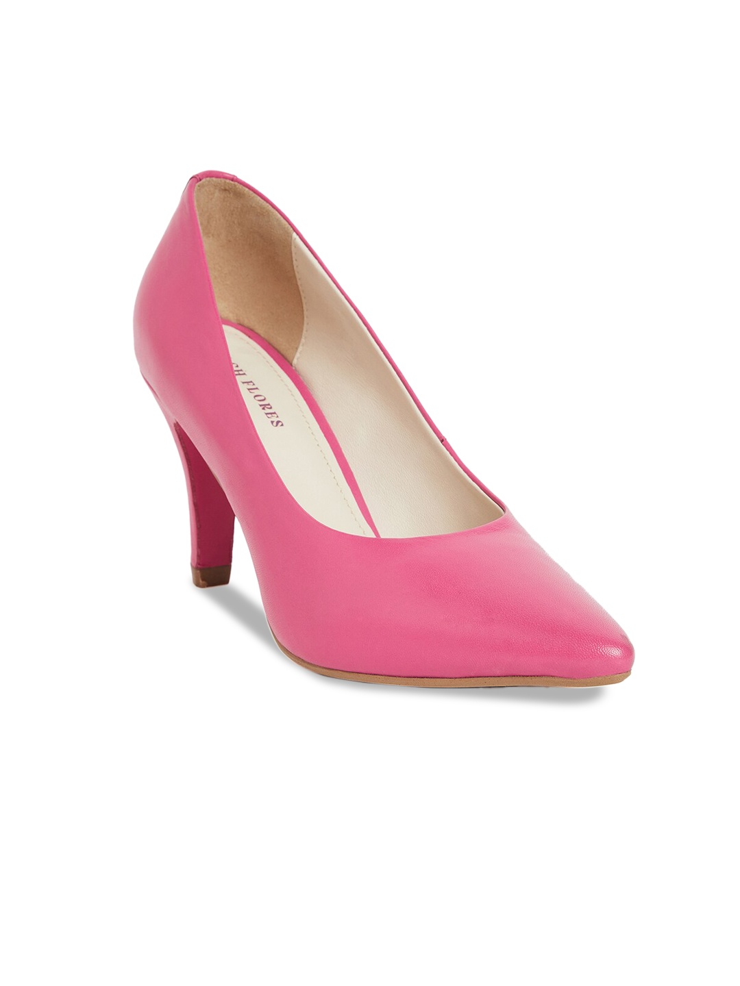 Peach Flores Pointed Toe Leather Slim Heel Pumps, Pink