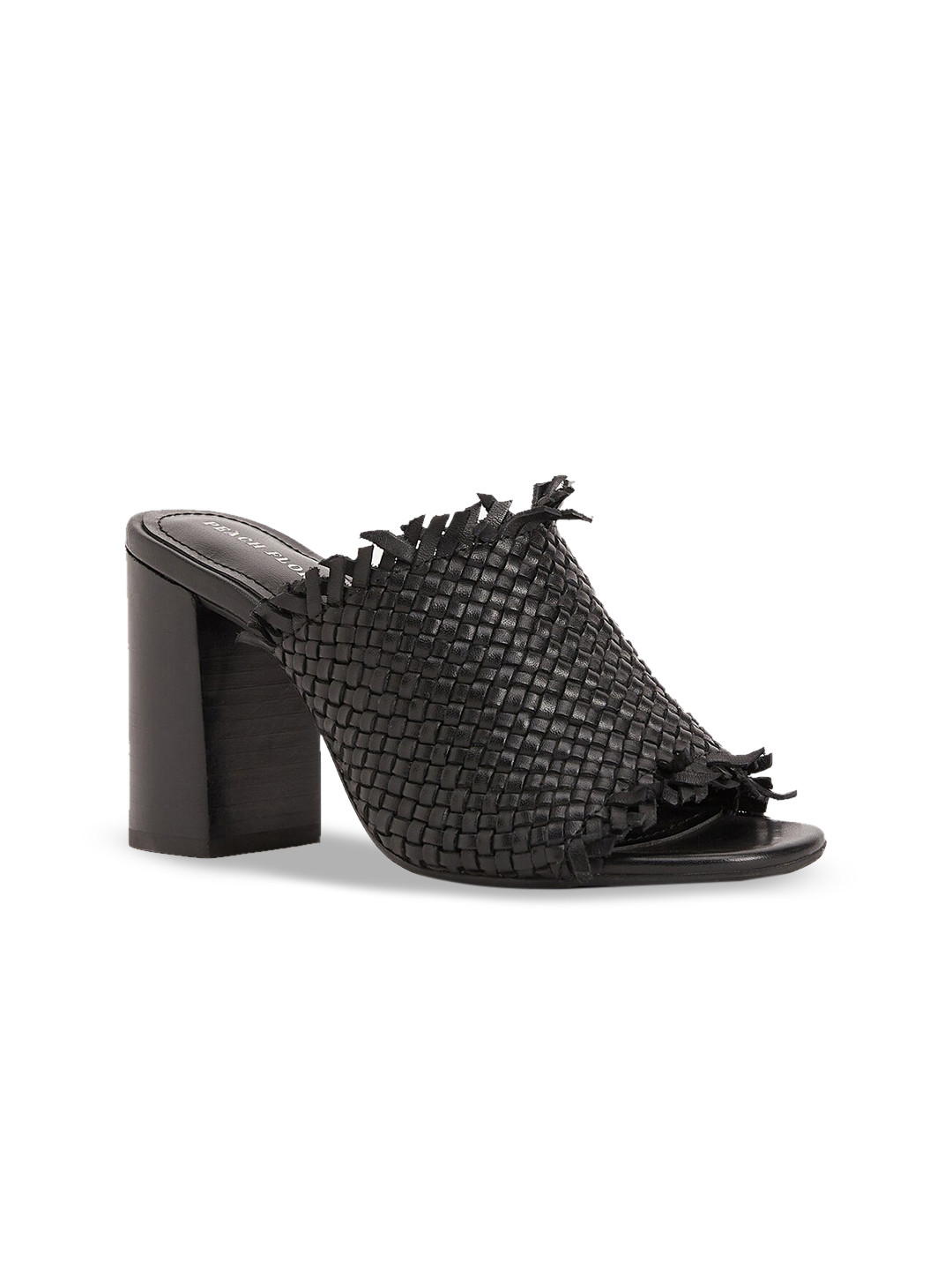 

Peach Flores Textured Leather Block Heel Mules, Black
