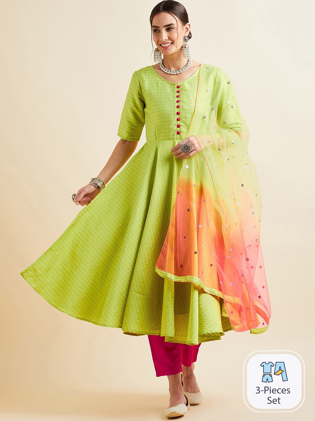 

PANIT Green Woven Design Anarkali Kurta With Trousers & Dupatta, Lime green