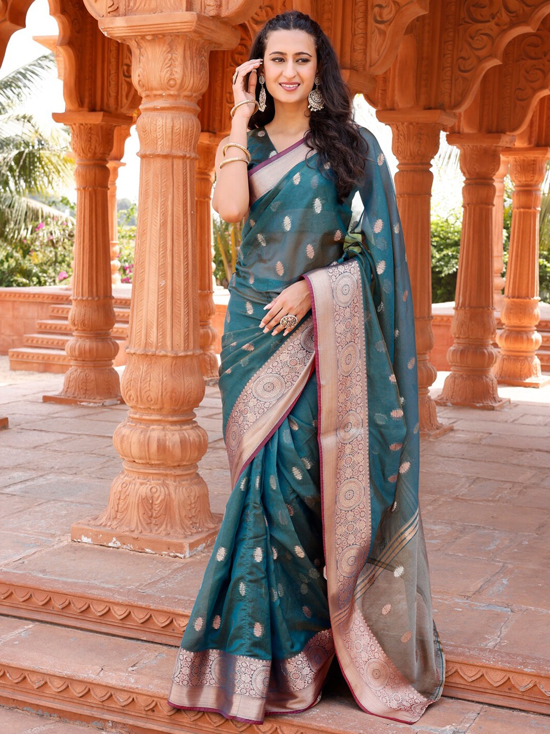 

Tikhi Imli Blue & Gold-Toned Ethnic Motifs Woven Design Zari Organza Ready to Wear Saree