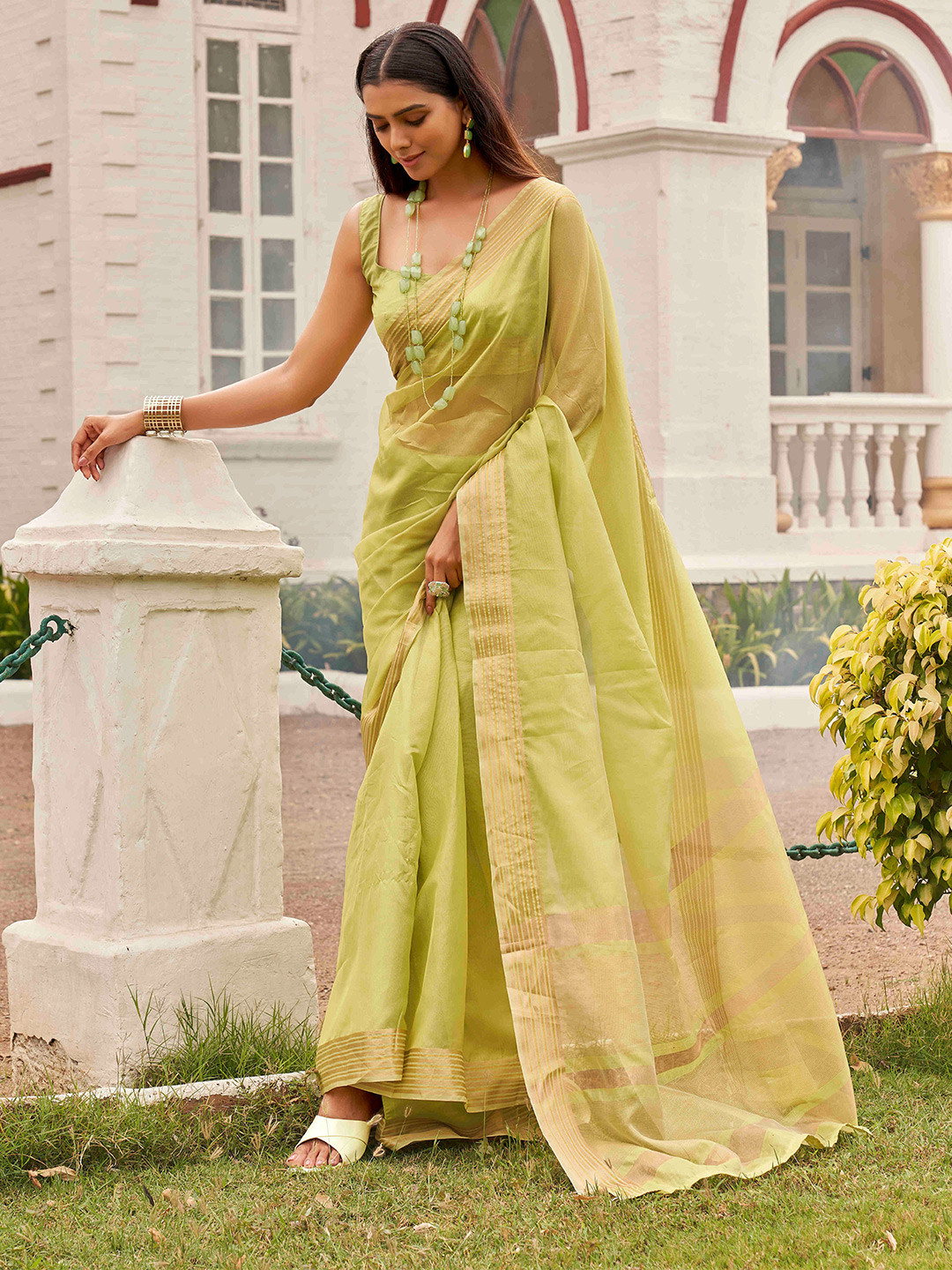 

Tikhi Imli Striped Zari Ready to Wear Saree, Lime green