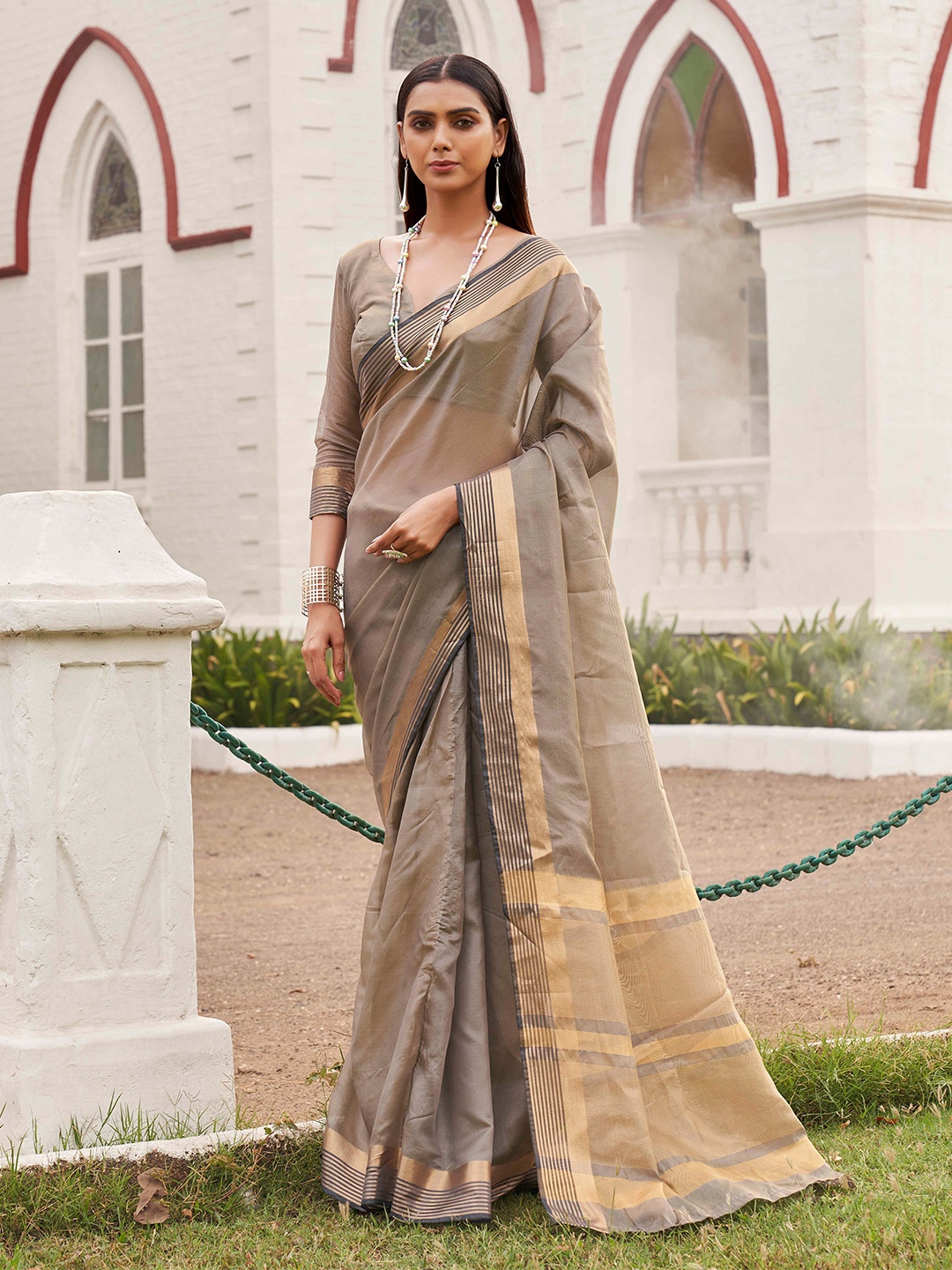 

Tikhi Imli Striped Zari Ready to Wear Saree, Grey