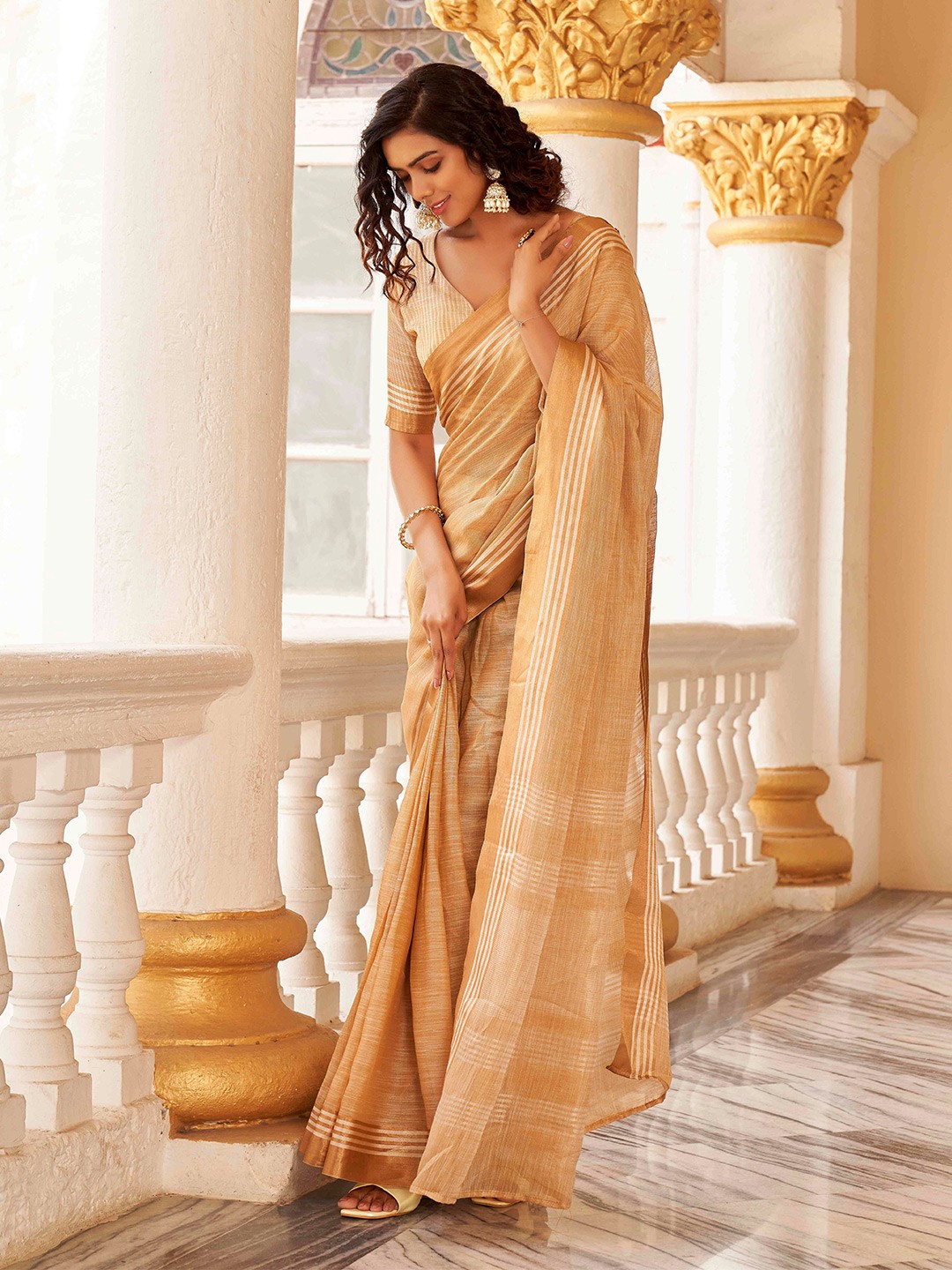 

Tikhi Imli Striped Zari Ready to Wear Saree, Beige