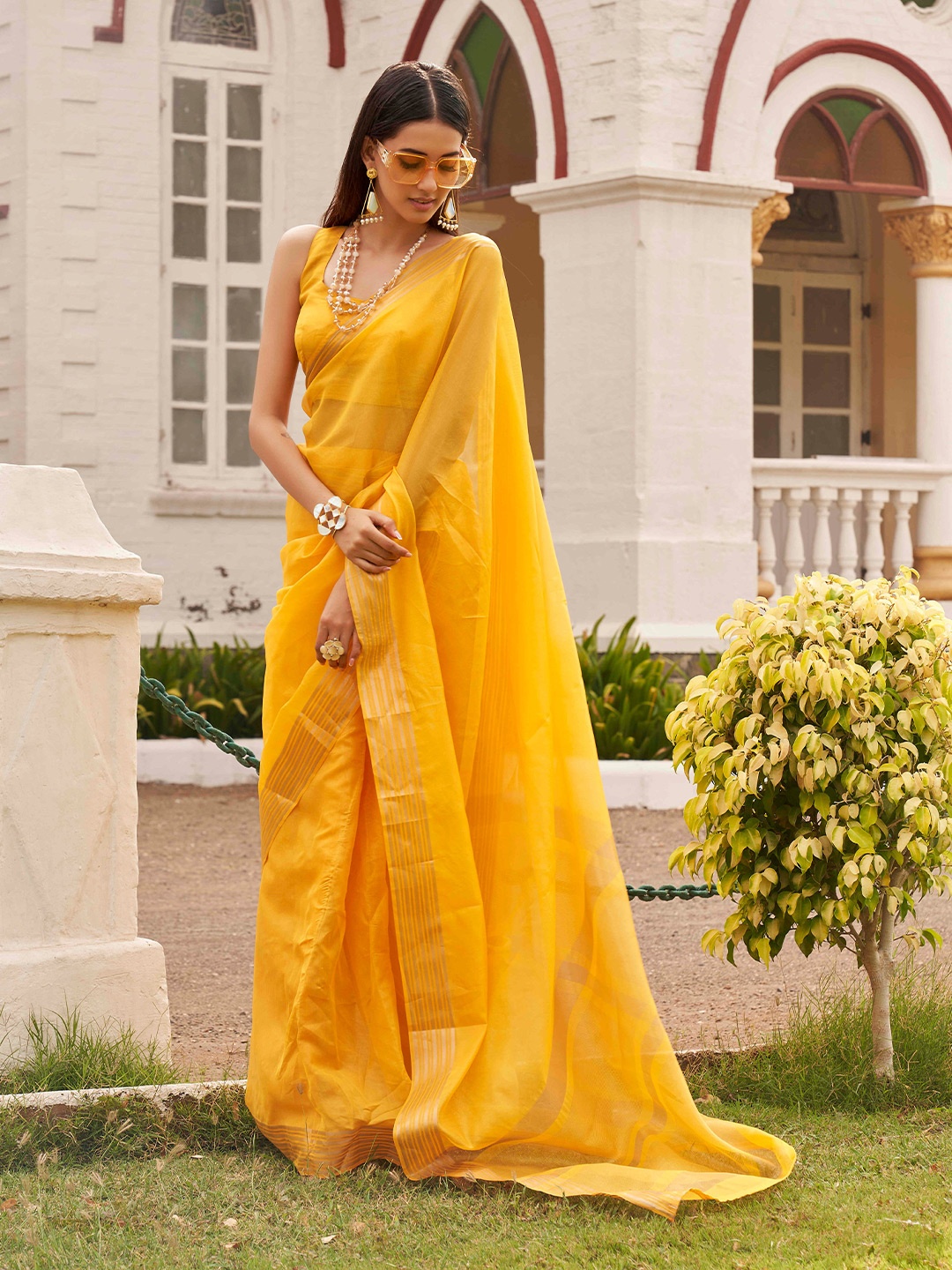 

Tikhi Imli Yellow & Gold-Toned Zari Ready to Wear Saree