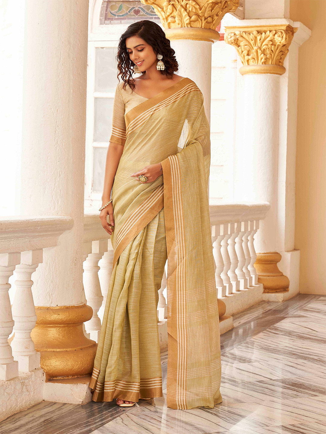 

Tikhi Imli Lime Green & Gold-Toned Polycotton Zari Ready to Wear Saree