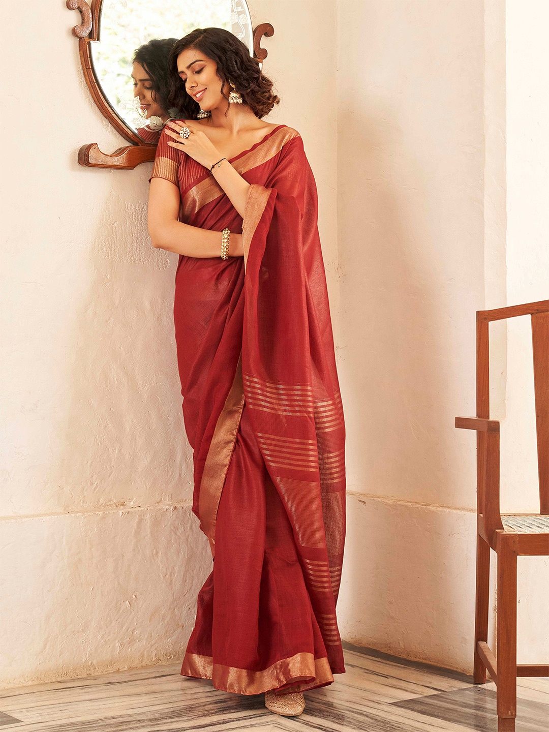 

Tikhi Imli Striped Zari Ready to Wear Saree, Maroon