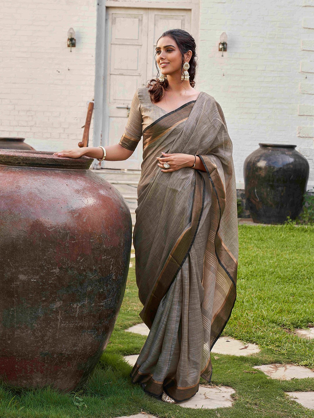

Tikhi Imli Striped Zari Ready to Wear Saree, Grey
