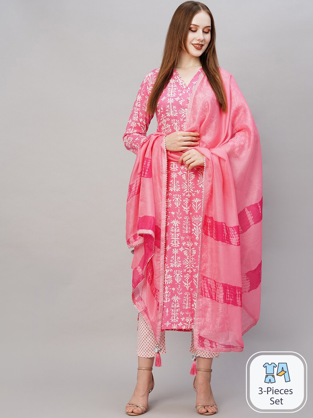 

KALINI Floral Printed Mandarin Collar Kurta With Trousers & Dupatta, Pink