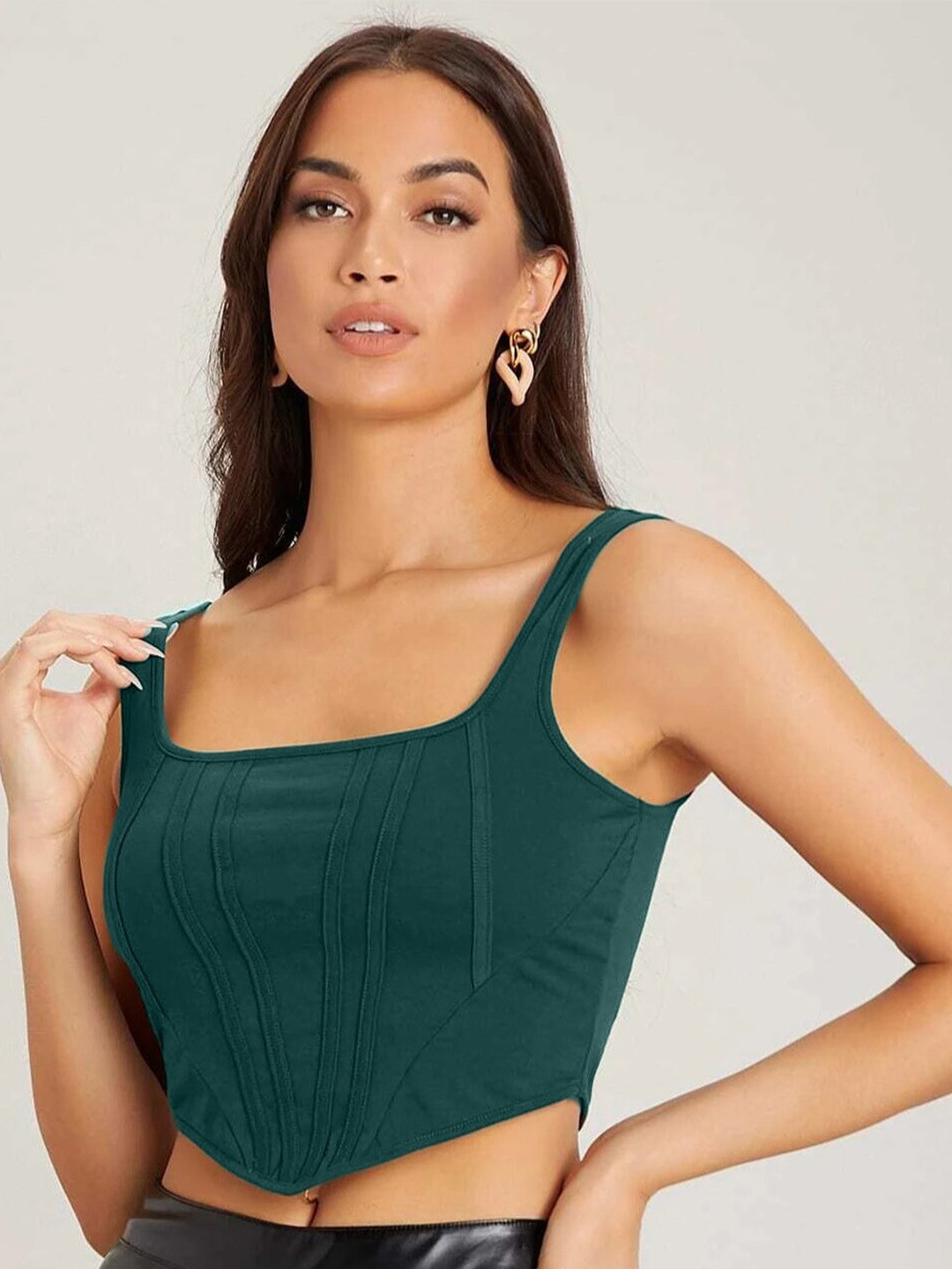 

ELYRAA Square Neck Corset Crop Top, Green