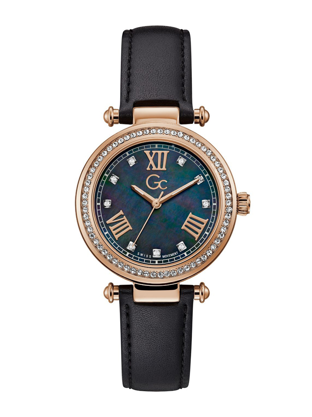 

GC Women Embellished Dial Leather Straps Swiss Made Analogue Watch Y46005L2MF-Black, Navy blue