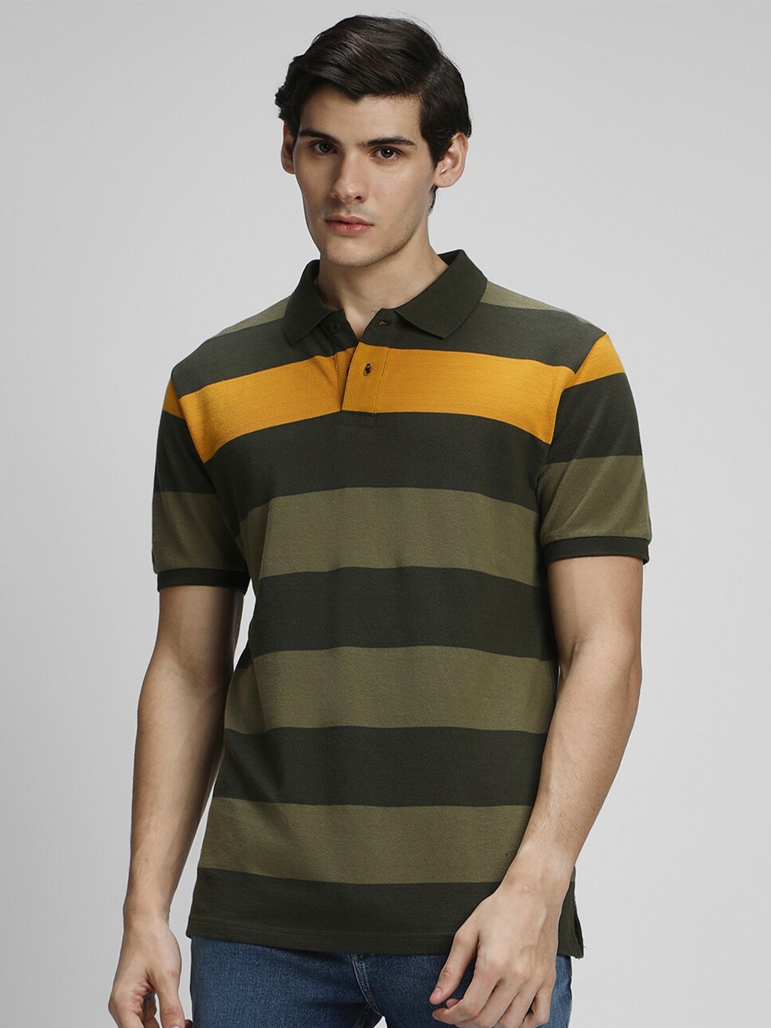 

Dennis Lingo Striped Polo Collar Pure Cotton Slim Fit T-shirt, Olive