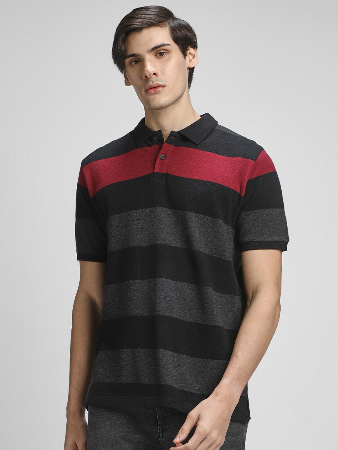 

Dennis Lingo Striped Polo Collar Pure Cotton Slim Fit T-shirt, Black