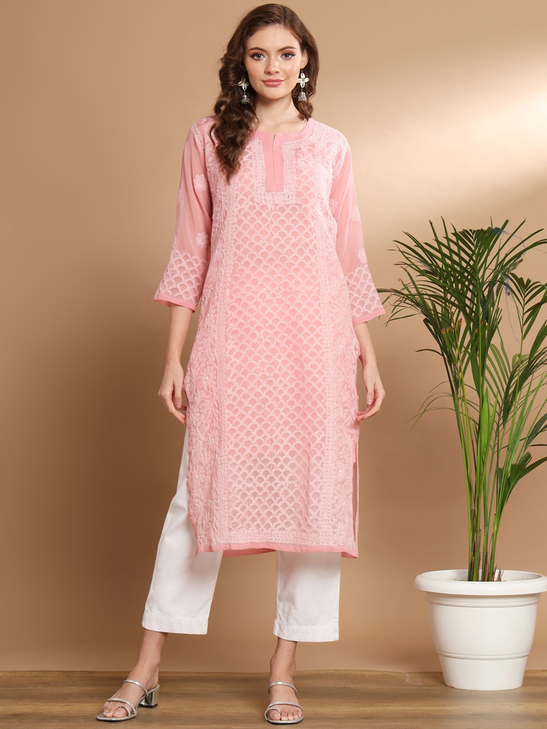 

Ethnava Ethnic Motifs Embroidered Thread Work Cotton Straight Kurta, Orange